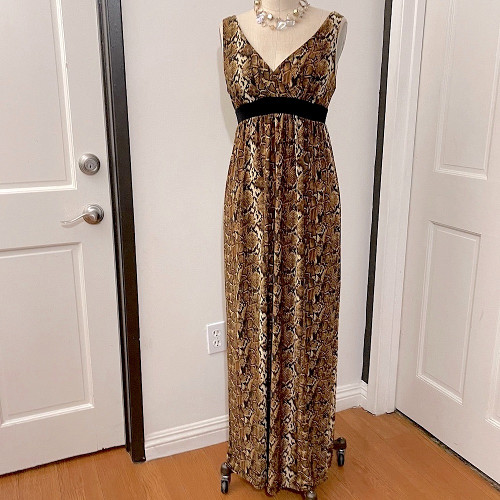 Zealous Tan Black and Brown V Neck Snake Print Maxi Dress